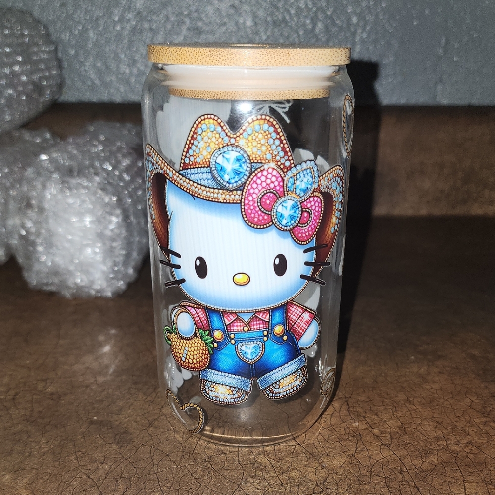 Cute Hello Kitty Glass Jar with Cowboy Design (#8)